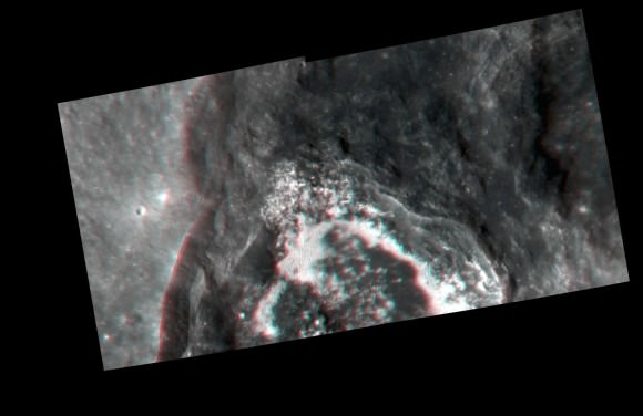 A 3-D image of Balanchine crater on Mercury obtained by the MESSENGER spacecraft. Scientists are examining the region to learn more about its oddly shaped ejecta, which may have occurred when one impact crater dumped material on top of another pile. Credit: NASA/Johns Hopkins University Applied Physics Laboratory/Carnegie Institution of Washington