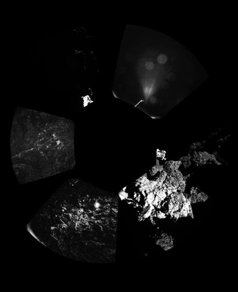 First panorama sent by Philae from the surface of the comet. At upper right we see the reflection of the Sun and the top of the  CONSERT instrument antenna. Credit: ESA