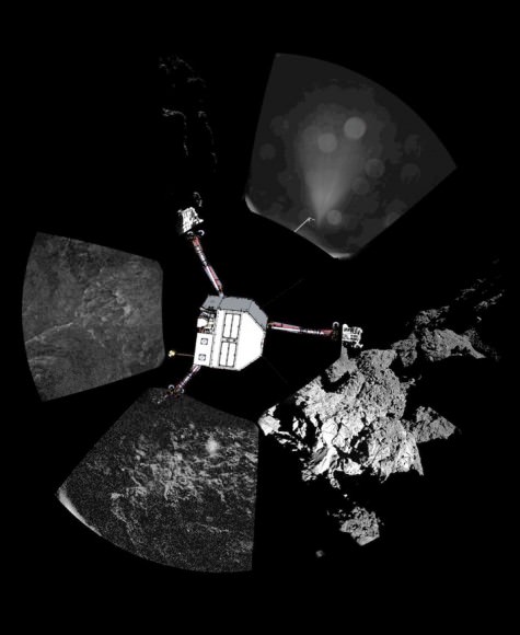 Our last panorama from Philae?  This image was taken with the CIVA camera; at center Philae has been added to show its orientation on the surface. Credit: ESA