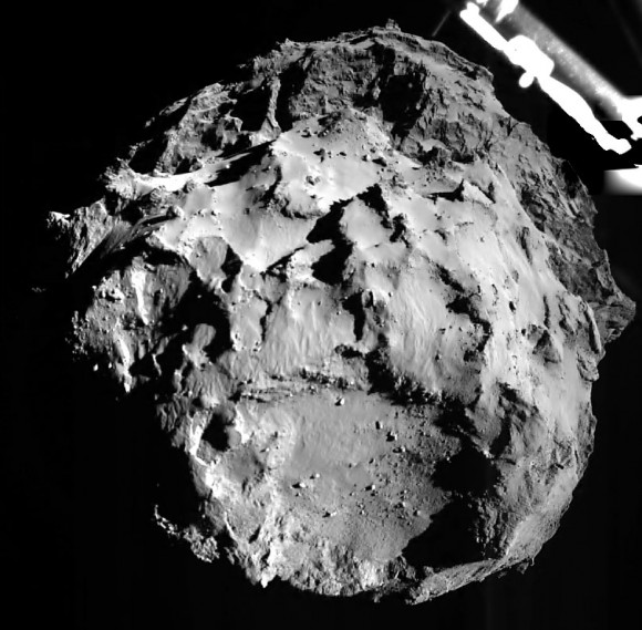 First photo released of Comet 67P/C-G taken by Philae during its descent. The view is just 1.8 miles above the comet. Credit: ESA