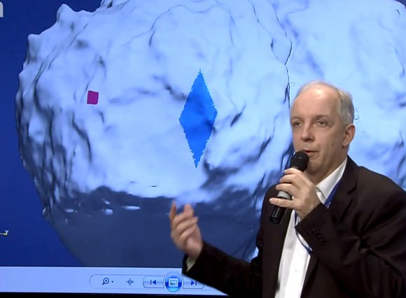 Stephan Ulamec, Philae Lander manager, describes how Philae first landed less than 100 meters from the planned Agilkia site (red square). Without functioning harpoons and thrusters to fix it to the ground there, it rebounded and shot a kilometer above the comet. Right now, it's somewhere in the blue diamond. Credit: ESA