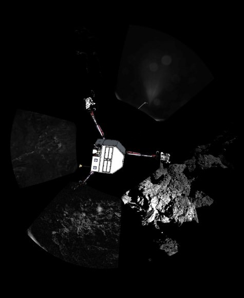 Philae landed nearly vertically on its side with one leg up in outer space. Here we see it in relation to the panoramic photos taken with the CIVA cameras. Credit: ESA