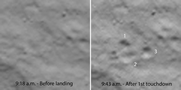 Close-up of the first touchdown site before Philae landed (left) and after clearly shows the impressions of its three footpads in the comet’s dusty soil. Times are CST. Philae’s 3.3 feet (1-m) across. Credit: ESA