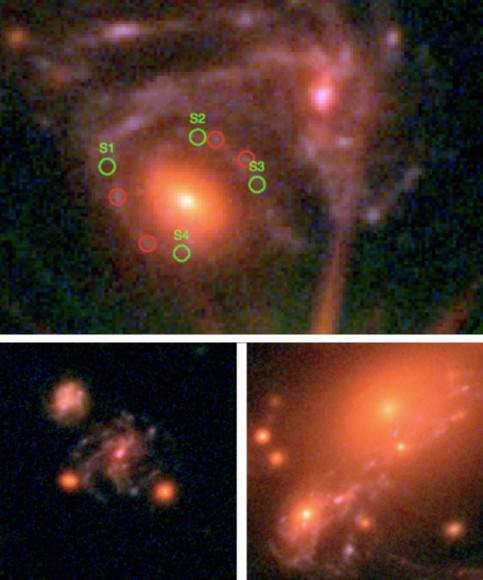 Color-composite image of lensing elliptical galaxy and distorted background  host spiral (top).The green circles show the locations of images S1–S4, while another quadruply imaged segment of the spiral arm is marked in  red. The bottom panels show two additional lensed images of the spiral host galaxy visible in the galaxy cluster field. Credit: S.L. Kelly et. all
