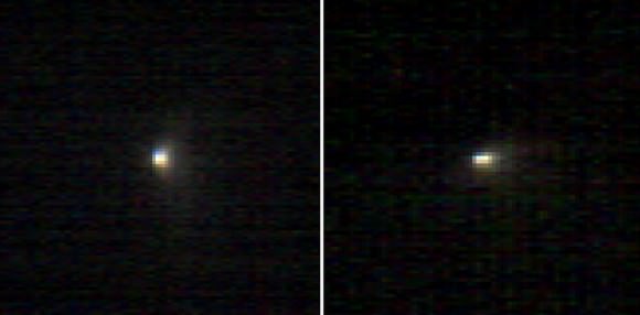 Two photos of comet C/2013 A1 Siding Spring taken 37 minutes apart by the CRISM imager. The subtle coloration of the comet indicates the abundance of different molecules. Credit: NASA / JPL / JHUAPL