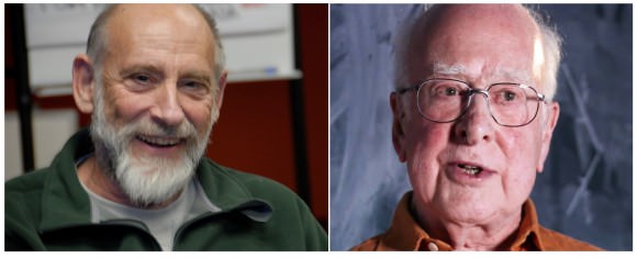 Dr. Leonard Susskind, a leading developer of the Theory of Technicolor (left) and Nobel Prize winner Dr. Peter Higgs who proposed the existence of a particle that imparts mass to all matter - the Higgs Boson (right). (Photo Credit: University of Stanford, CERN)