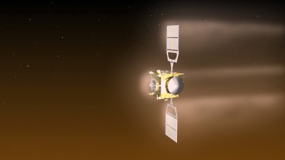 Artist's impression of Venus Express performing aerobreaking maneuvers in the planet's atmosphere in June and July 2014. Credit: ESA–C. Carreau