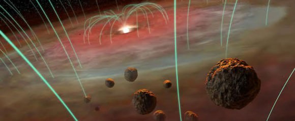 Artist depiction of a protoplanetary disk permeated by magnetic fields. Objects in the foregrounds are millimeter-sized rock pellets known as chondrules.  Credit: Hernán Cañellas