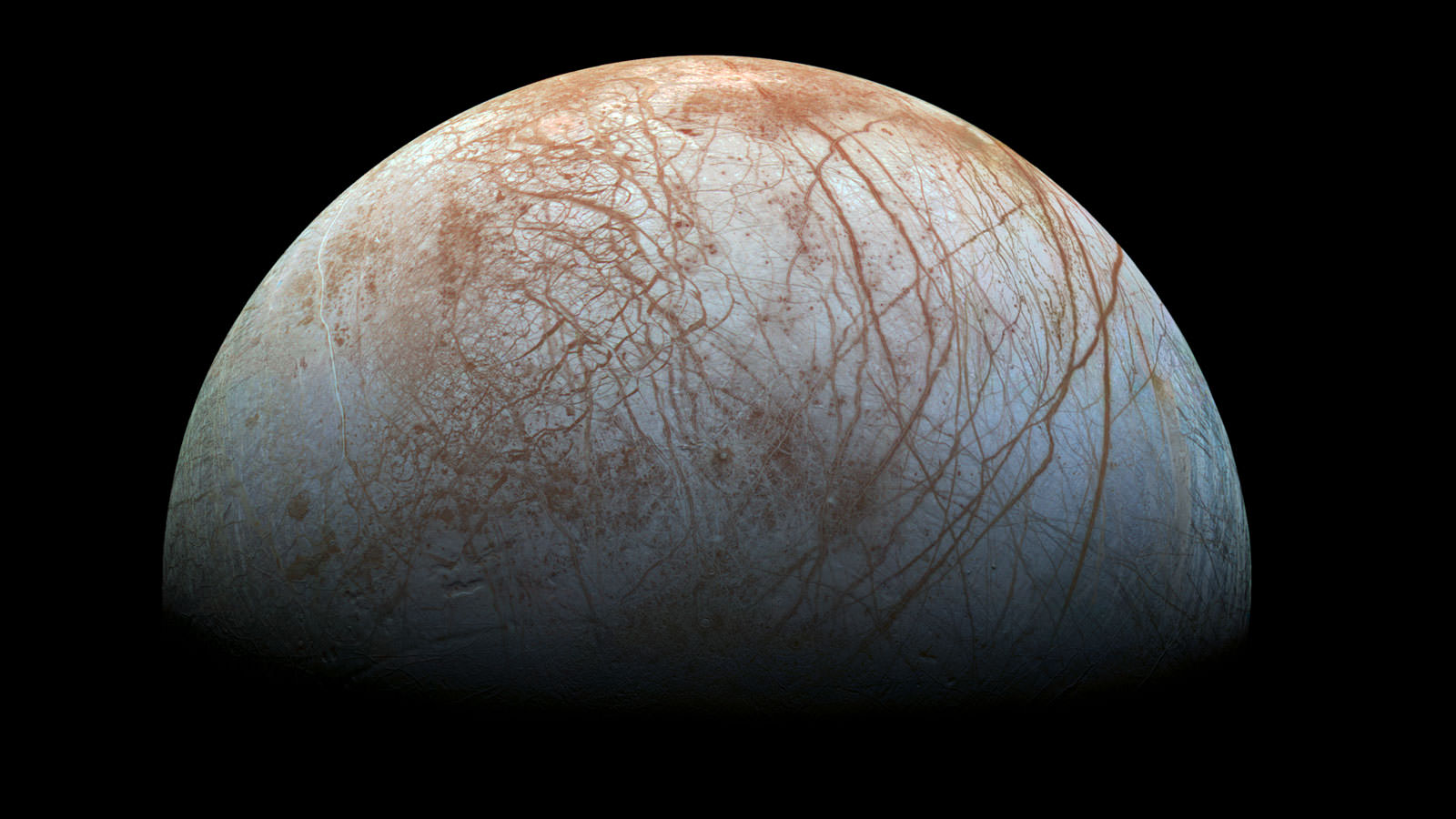 A "true color" image of the surface of Jupiter's moon Europa as seen by the Galileo spacecraft. Image credit: NASA/JPL-Caltech/SETI Institute