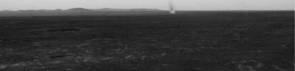 Several dust devils cross a plain in this animation of a series of images acquired by NASA's Mars Rover Spirit in May, 2005. (NASA/JPL-Caltech/Cornell/USGS)