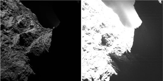 Playing with saturation levels in these images, scientists using the Rosetta's spacecraft imaging system are able to get more information about surface features in the image at right. Credit: ESA/Rosetta/MPS for OSIRIS Team MPS/UPD/LAM/IAA/SSO/INTA/UPM/DASP/IDA