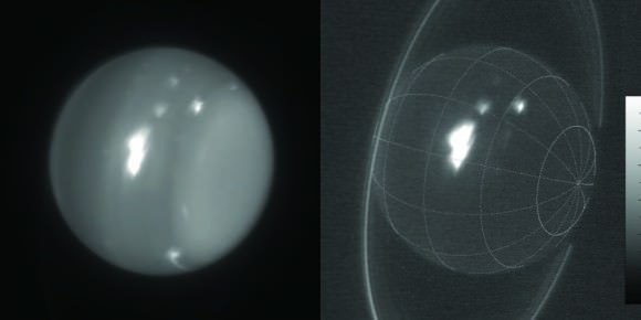 Infrared images of Uranus showing storms at 1.6 and 2.2 microns obtained Aug. 6, 2014 by the 10-meter Keck telescope. Credit: Imke de Pater (UC Berkeley) & Keck Observatory images.