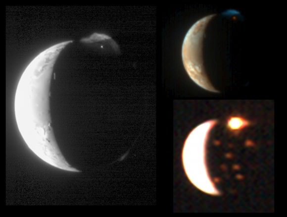 An eruption from the Tvashtar volcano on Io, Jupiter's moon, in several different wavelength images taken by the New Horizons spacecraft in 2007. The left image from the Long Range Reconnaissance Imager (LORRI) shows lava glowing in the night. At top right, the Multispectral Visible Imaging Camera (MVIC) spotted sulfur and sulfor dioxide deposits on the sunny side of Io. The remaining image from the Linear Etalon Imaging Spectral Array (LEISA) shows volcanic hotspots on Io's surface. Credit: NASA/Johns Hopkins University Applied Physics Laboratory/Southwest Research Institute