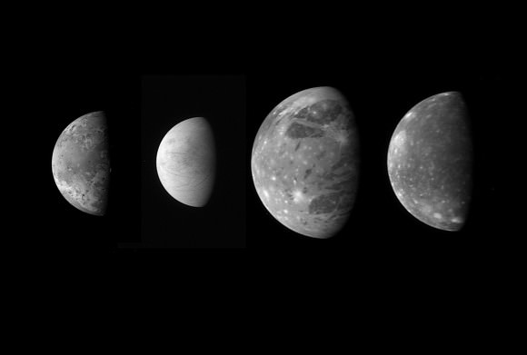 A "family portrait" of the four Galilean satellites around Jupiter taken by the New Horizons spacecraft and released in 2007. From left, the montage includes Io, Europa, Ganymede and Callisto. Credit: NASA/Johns Hopkins University Applied Physics Laboratory/Southwest Research Institute