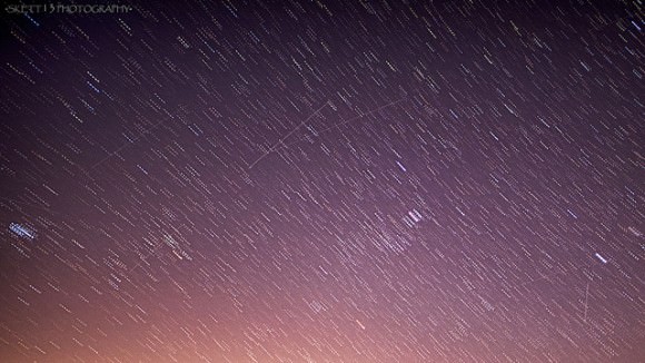 A unique view of the 2014 Geminid Meteor Shower, taken on Dec. 14. 5 images stacked. Credit and copyright:  Jason Asplin. 
