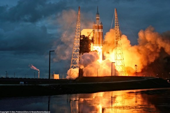 Orion’s inaugural launch on Dec. 5, 2014 atop United Launch Alliance Delta 4 Heavy rocket at Space Launch Complex 37 (SLC-37) at Cape Canaveral Air Force Station, Florida at 7:05 a.m.  Credit: Alex Polimeni/Zero-G News/AmericaSpace