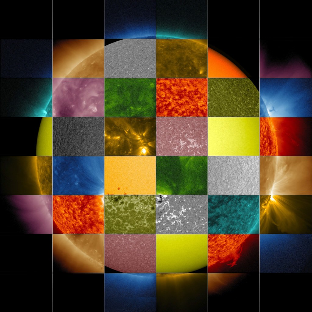A mosaic of images through different filters on NASA's Solar Dynamics Observatory. Image credit: NASA/SDO/Goddard Space Flight Center