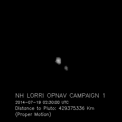 This "movie" of Pluto and its largest moon, Charon b yNASA's New Horizons spacecraft taken in July 2014 clearly shows that the barycenter -center of mass of the two bodies - resides outside (between) both bodies. The 12 images that make up the movie were taken by the spacecraft’s best telescopic camera – the Long Range Reconnaissance Imager (LORRI) – at distances ranging from about 267 million to 262 million miles (429 million to 422 million kilometers). Charon is orbiting approximately 11,200 miles (about 18,000 kilometers) above Pluto's surface. (Credit: NASA/Johns Hopkins University Applied Physics Laboratory/Southwest Research Institute)