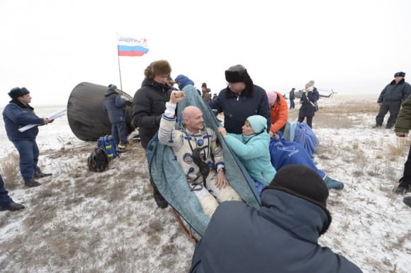 ESA astronaut Alexander Gerst, Russian commander Maxim Suraev and NASA astronaut Reid Wiseman returned to Earth on 10 November 2014, landing in the Kazakh steppe.  Credit: ESA–S. Corvaja