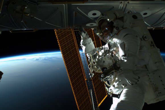 ESA astronaut Alexander Gerst spent six hours and 13 minutes outside the International Space Station with NASA astronaut Reid Wiseman on Tuesday, 7 October 2014. This was the first spacewalk for both astronauts but they performed well in the weightlessness of orbit.  Credit: NASA/ESA
