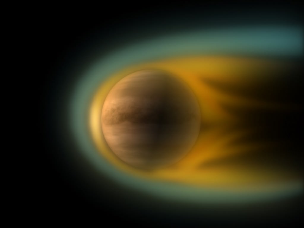 Artist's impression of Venus with the solar wind flowing around the planet, which has little magnetic protection. Venus Express found that a lot of water has bled into space over the years from the planet, which happens when the sun's ultraviolet radiation breaks oxygen and hydrogen molecules apart and pushes them into space. Credit: ESA - C. Carreau