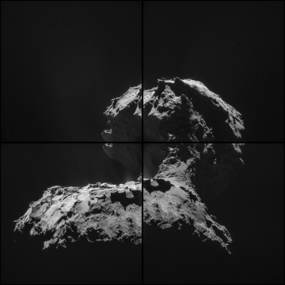 Erupting gas and dust is just visible in the "neck" region of Comet 67P/Churyumov-Gerasimenko in this montage taken Nov. 26, 2014 by the Rosetta spacecraft. Credit: ESA/Rosetta/NAVCAM – CC BY-SA IGO 3.0