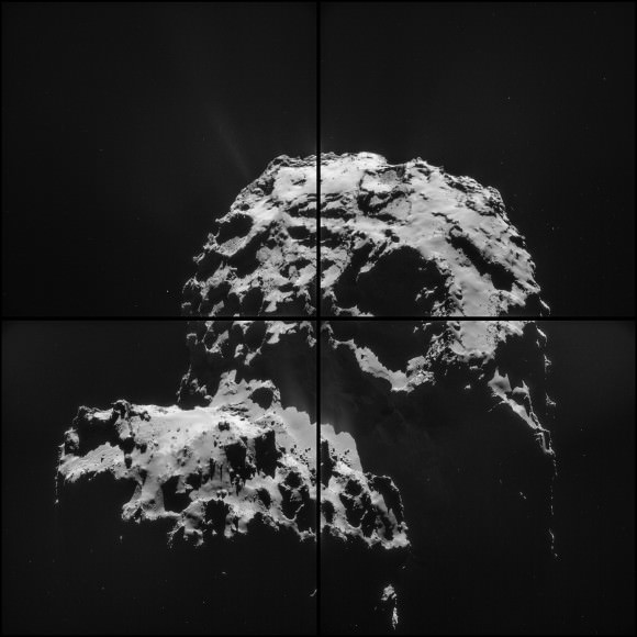 Comet 67P/Churyumov-Gerasimenko viewed by the Rosetta spacecraft on Nov. 30, 2014 showing off layered material in the "neck" of the comet. Credit: ESA/Rosetta/NAVCAM – CC BY-SA IGO 3.0