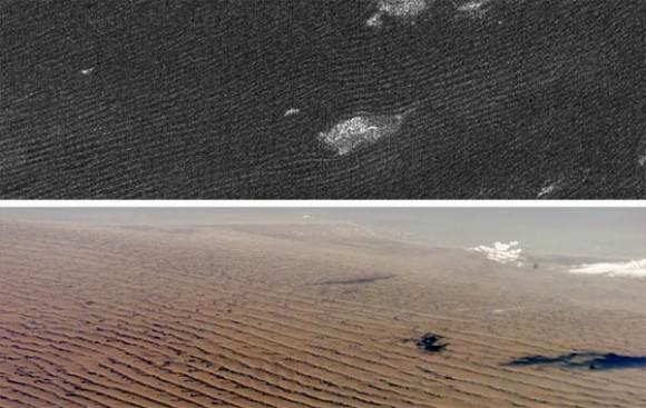 Dunes on Titan seen in Cassini's radar (top) that are similar to Namibian sand dunes on Earth. The features that appear to be clouds in the top picture are actually topographic features. Credit: NASA