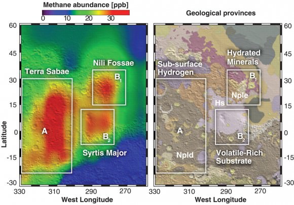 Regions where methane appears notably localized in Northern Summer (A, B1, B2), andtheir relationship to mineralogical and geo-morphological domains. (A.) Observations of methane near the Syrtis Major volcanic district. (B.) Geologic map of Greeley and Guest (41) superimposed on the topographic shaded-relief from MOLA (42). The most ancient terrain (Npld, Nple) is Noachian in age (~3.6 - 4.5 billion years old, when Mars was wet), and is overlain by volcanic deposits from Syrtis Major of Hesperian (Hs) age (~3.1 - 3.6 billion yrs old). (Credit: Mumma, et al., 2009, Figure 3)