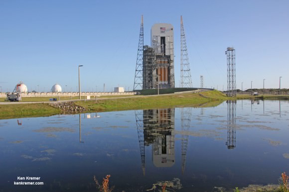 NASA’s first Orion spacecraft atop Delta 4 Heavy Booster at Space Launch Complex 37 (SLC-37) at Cape Canaveral Air Force Station in Florida one day prior to launch set for Dec. 4, 2014.   Credit: Ken Kremer - kenkremer.com