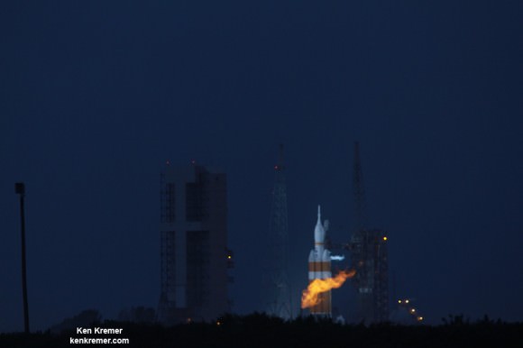 Orion at dawn moments before liftoff on Dec. 5, 2014.   Credit: Ken Kremer - kenkremer.com
