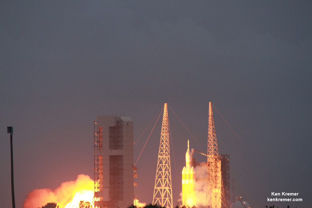 Inaugural Orion crew module launches at 7:05 a.m. on Delta 4 Heavy Booster from pad 37 at Cape Canaveral on Dec. 5, 2014.   Credit: Ken Kremer - kenkremer.com