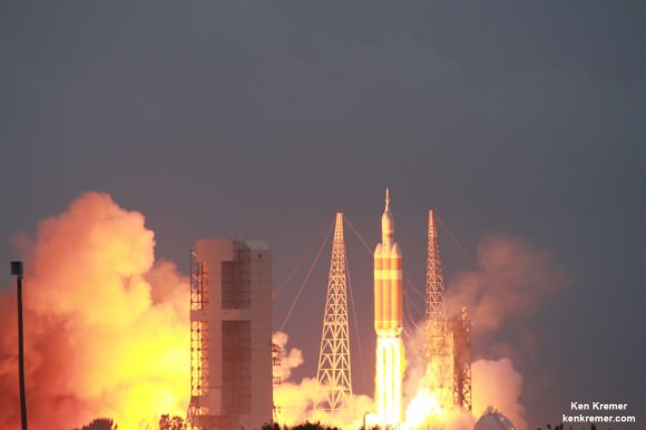 NASA’s first Orion spacecraft blasts off at 7:05 a.m. atop United Launch Alliance Delta 4 Heavy Booster at Space Launch Complex 37 (SLC-37) at Cape Canaveral Air Force Station in Florida on Dec. 5, 2014.   Credit: Ken Kremer - kenkremer.com