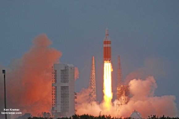 NASA’s first Orion spacecraft blasts off at 7:05 a.m. atop United Launch Alliance Delta 4 Heavy Booster at Space Launch Complex 37 (SLC-37) at Cape Canaveral Air Force Station in Florida on Dec. 5, 2014. Credit: Ken Kremer – kenkremer.com 