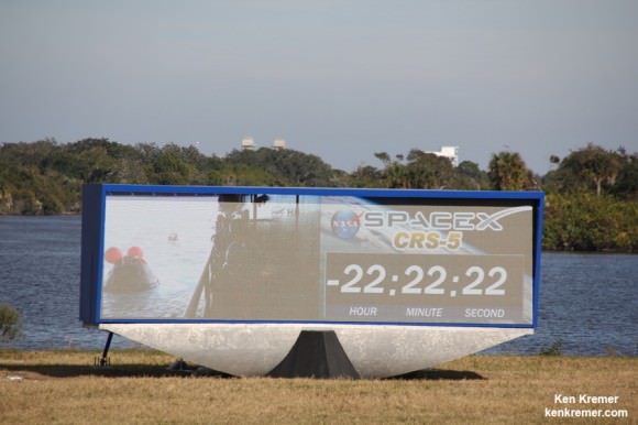 New countdown clock at NASA’s Kennedy Space Center displays SpaceX Falcon 9 CRS-5 mission and recent Orion ocean recovery at the Press Site viewing area on Dec. 18, 2014.  Credit: Ken Kremer – kenkremer.com