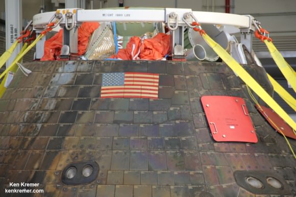  Top view of NASA’s maiden Orion spacecraft after returning to NASA’s Kennedy Space Center in Florida on Dec. 19, 2014.   Credit: Ken Kremer - kenkremer.com 