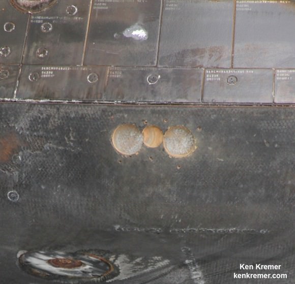 Up close view of three core samples taken from the heat shield of NASA’s first Orion spacecraft after returning to NASA’s Kennedy Space Center in Florida on Dec. 19, 2014.   Credit: Ken Kremer - kenkremer.com