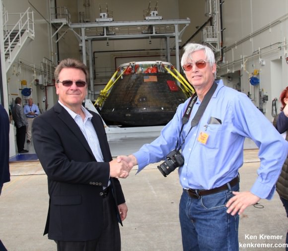 Jules Schneider, Lockheed Martin Program manager for Orion at KSC, and Ken Kremer/Universe Today discuss Orion during arrival event at NASA’s Kennedy Space Center in Florida on Dec. 19, 2014.   Credit: Ken Kremer - kenkremer.com