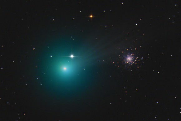 Another striking image of the comet's juxtaposition with the globular cluster M79. Lovejoy is presently 48 million miles from Earth; the cluster shines from the immense distance of 410,000 light years. Credit: Chris Schur