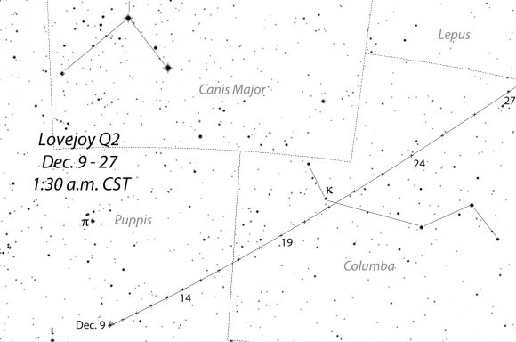 Detailed map showing the comet tomorrow morning through December 27th in the early morning hours (CST). Stars shown to magnitude +8.0. Source: Chris Marriott's SkyMap software