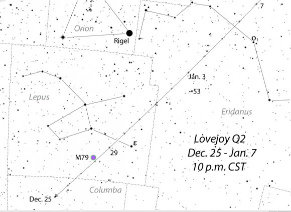Because Comet Lovejoy rapidly moves into the evening sky by mid-late December, its position on this detailed map is shown at 10 p.m. (CST) nightly. Credit: 