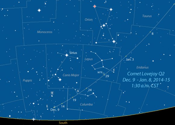 Comet Lovejoy Q2 starts out low in the southern sky below Canis Major this week but quickly zooms northward. Visibility improves with each passing night. Source: Chris Marriott's SkyMap software