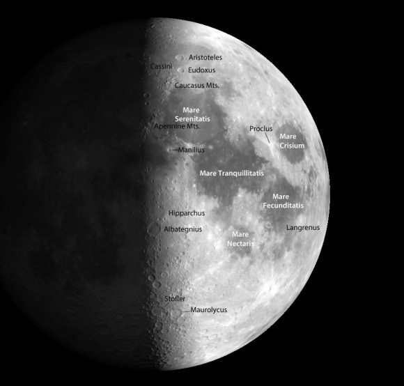 The day-night line or terminator cuts across a magnificent landscape rich with craters and mountain ranges emerging from the lunar night. Several prominent lunar "seas" or maria and prominent craters are shown. Credit: Christian Legrand and Patrick Chevalley / Virtual Moon Atlas