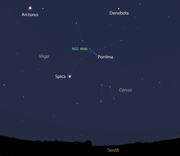 Wide view map showing the location of the galaxy NGC 4666 in Virgo not far from Porrima or Gamma Virginis. This map shows the sky facing south shortly before the start of dawn in early January. Source: Stellarium