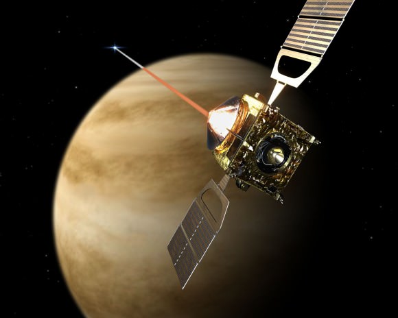 Artist's impression of Venus Express entering orbit in 2006. Credit: ESA - AOES Medialab
