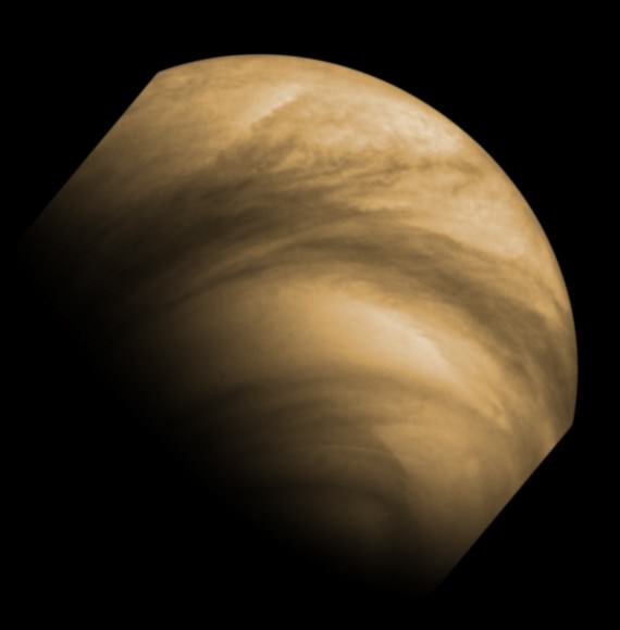 Venus Express picture of clouds on the planet. Despite the planet being extremely hot, the spacecraft found a cold layer in the atmosphere at temperatures of about -175 degrees Celsius (-283 Fahrenheit) that is colder than anything on Earth. It's so chilling that carbon dioxide may freeze and fall as snow or ice. Credit: ESA/MPS/DLR/IDA