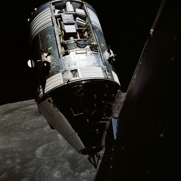 The Apollo 17 command module America and its service module, as photographed by the returning lunar module Challenger. Credit: NASA