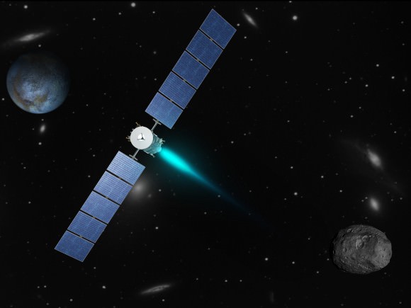 Artist’s concept depicting the Dawn spacecraft thrusting with its ion propulsion system as it travels from Vesta (lower right) to Ceres (upper left). The galaxies in the background are part of the Virgo supercluster. Dawn, Vesta and Ceres are currently in the constellation Virgo from the perspective of viewers on Earth. (Image credit: NASA/JPL)