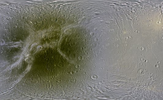 This global map of Dione, a moon of Saturn, shows dark red in the trailing hemisphere, which is due to radiation and charged particles from Saturn's intense magnetic environment. Credit: NASA/JPL/Space Science Institute