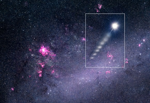 Using ESO's Very Large Telescope, astronomers have recorded a massive star moving at more than 2.6 million kilometres per hour. Stars are not born with such large velocities. Its position in the sky leads to the suggestion that the star was kicked out from the Large Magellanic Cloud, providing indirect evidence for a massive black hole in the Milky Way's closest neighbour. Credit: ESO